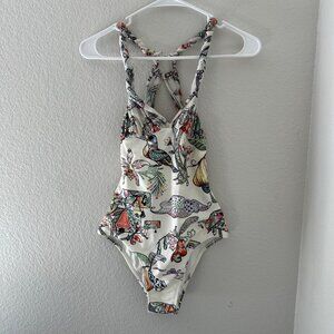 Blue Man One Piece Swimsuit Twist Straps Birds Tropical Print MUlticolor M